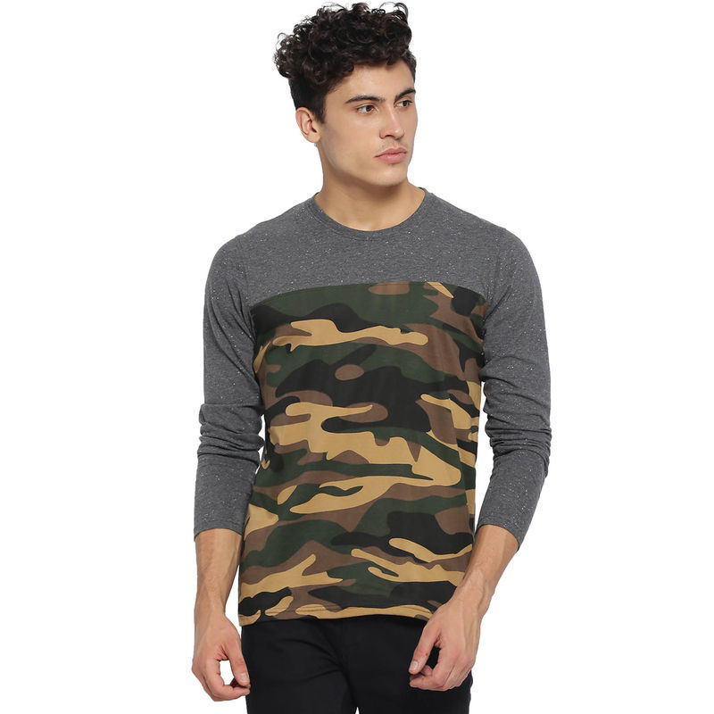 Campus Sutra Men Military Camouflage Round Neck Multicolor T-Shirt (S)