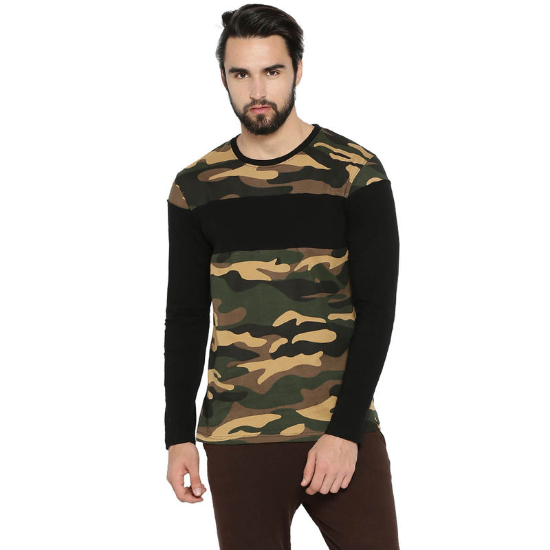 Campus Sutra Men Military Camouflage Round Neck Multicolor T-Shirt (S)