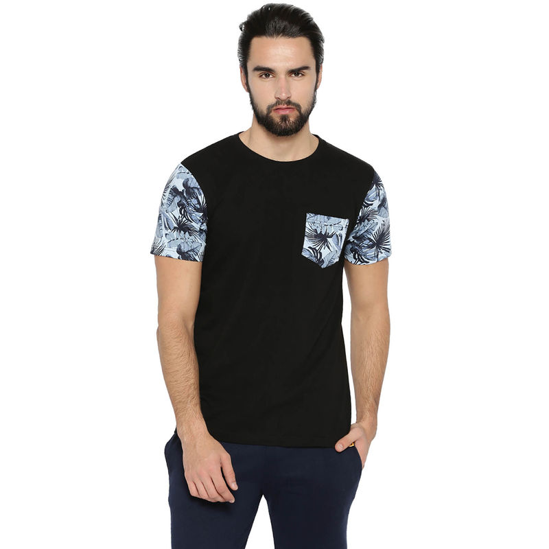 Campus Sutra Men Floral Print Round Neck Black T-Shirt (M)
