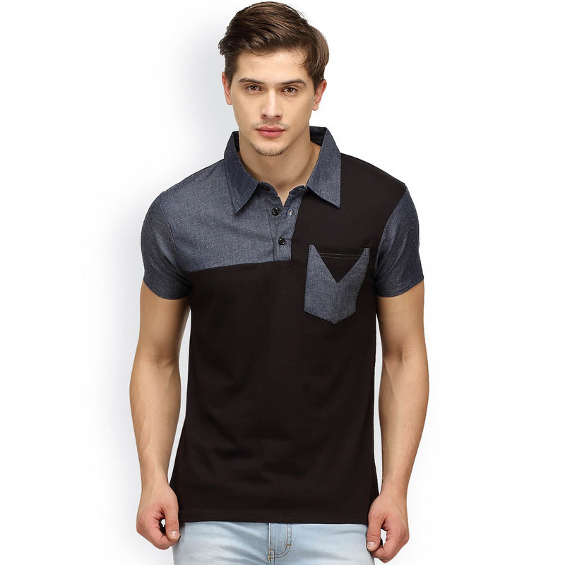 Campus Sutra Blue Colorblock Polo T-Shirt (S)
