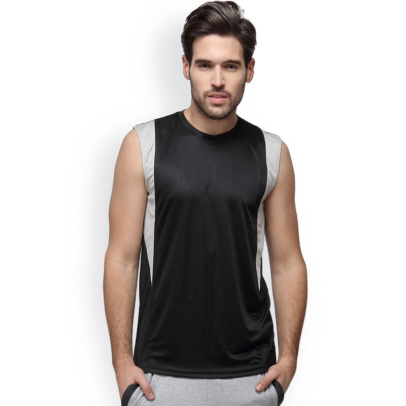 Campus Sutra Men Solid Round Neck Black, Grey T-Shirt (S)