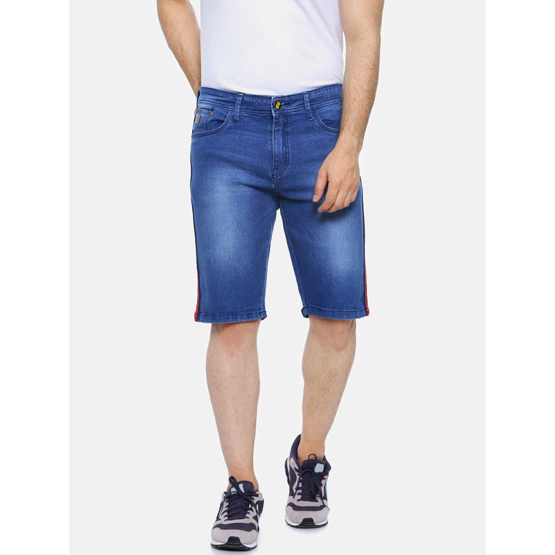 Campus Sutra Men Striped Washed Denim Blue Denim Shorts (28)