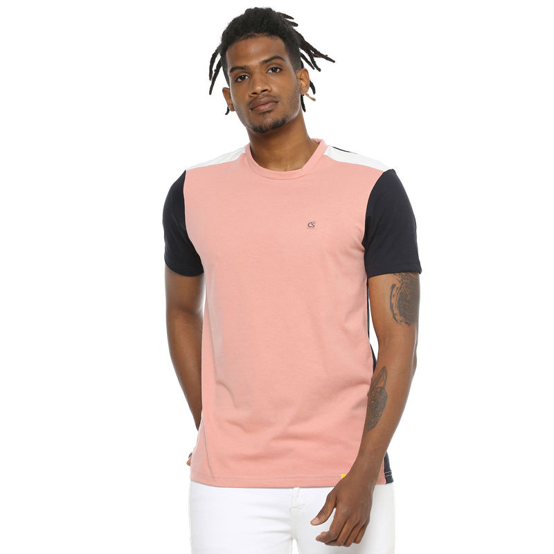 Campus Sutra Men Short Sleeve Solid Pink and Black Casual T-Shirt (S)