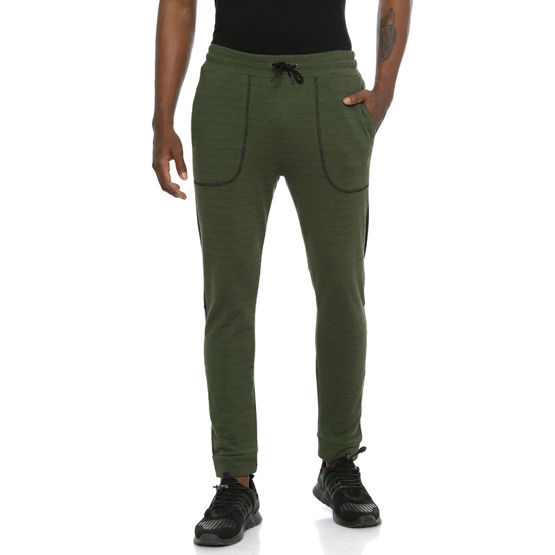 Campus Sutra Men Striped Olive Casual Track Pant (S) (S)