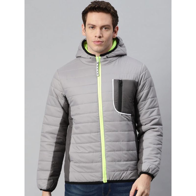Campus Sutra Men Grey Solid Windcheater Padded Jacket with Pocket Detail (XL)