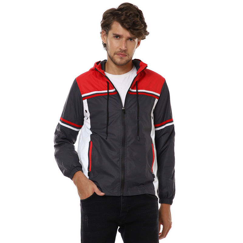 Campus Sutra Men Blue Colourblocked Windcheater Padded Hooded Jacket (S)