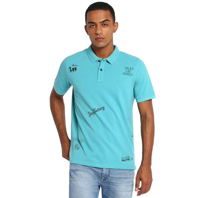 Lee Men Turquoise Placement Print Slim fit Polo T-Shirt (L)