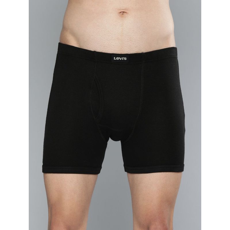 Levi's Men Cotton Solid Long Comfort Boxer Brief With Inner Elastic & Fly Open Black (M)