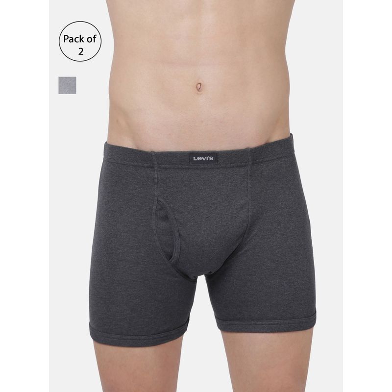 Levi's Men Cotton Solid Long Boxer Brief With Inner Elastic & Fly Open (Pack Of 2) Multi-Color (S)