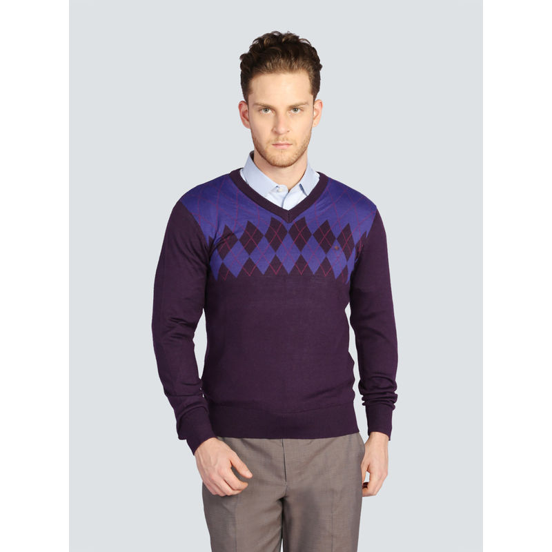 Louis Philippe Purple Printed Sweater (M)