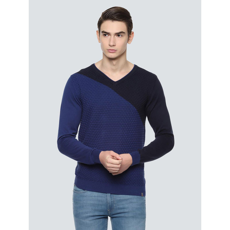 Louis Philippe Navy Blue Colorblock Sweater (L)