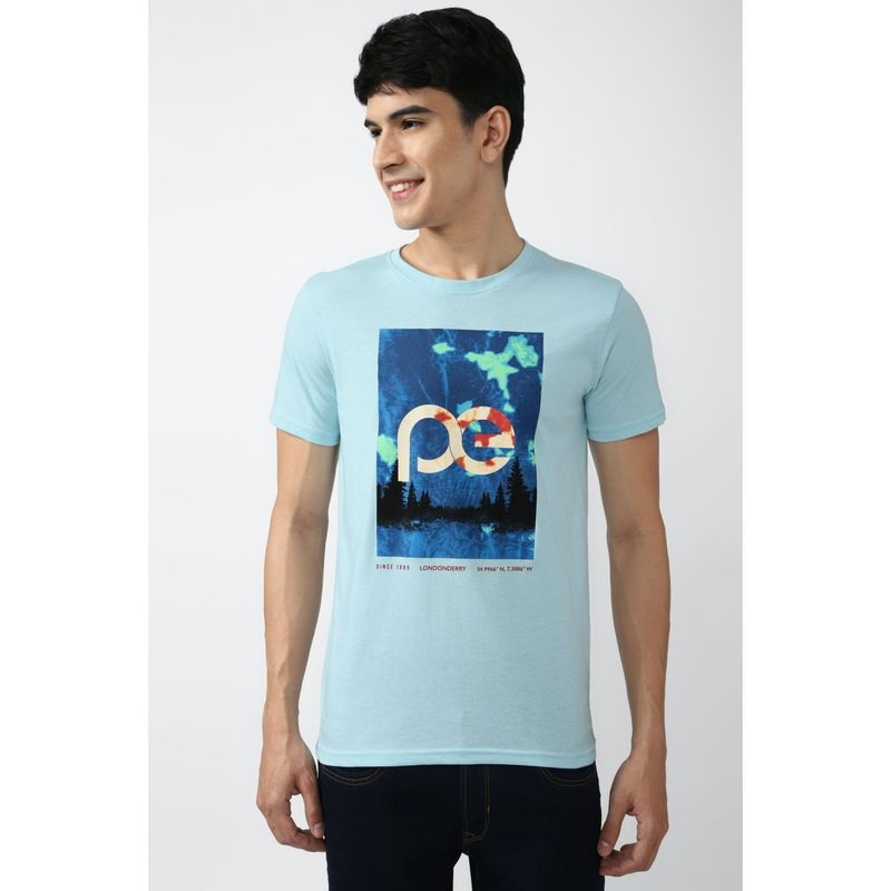 Peter England Men Blue Print Round Neck T-Shirts (S)