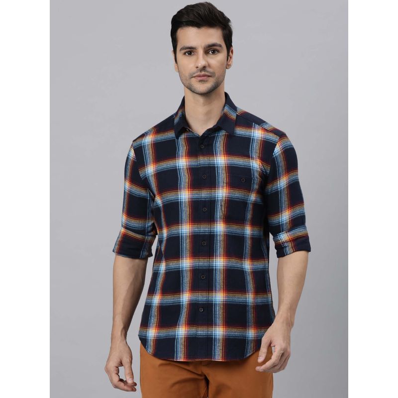 RARE RABBIT Ethan- Flannel Check Slim Fit Mens Shirt - Navy Blue (M)