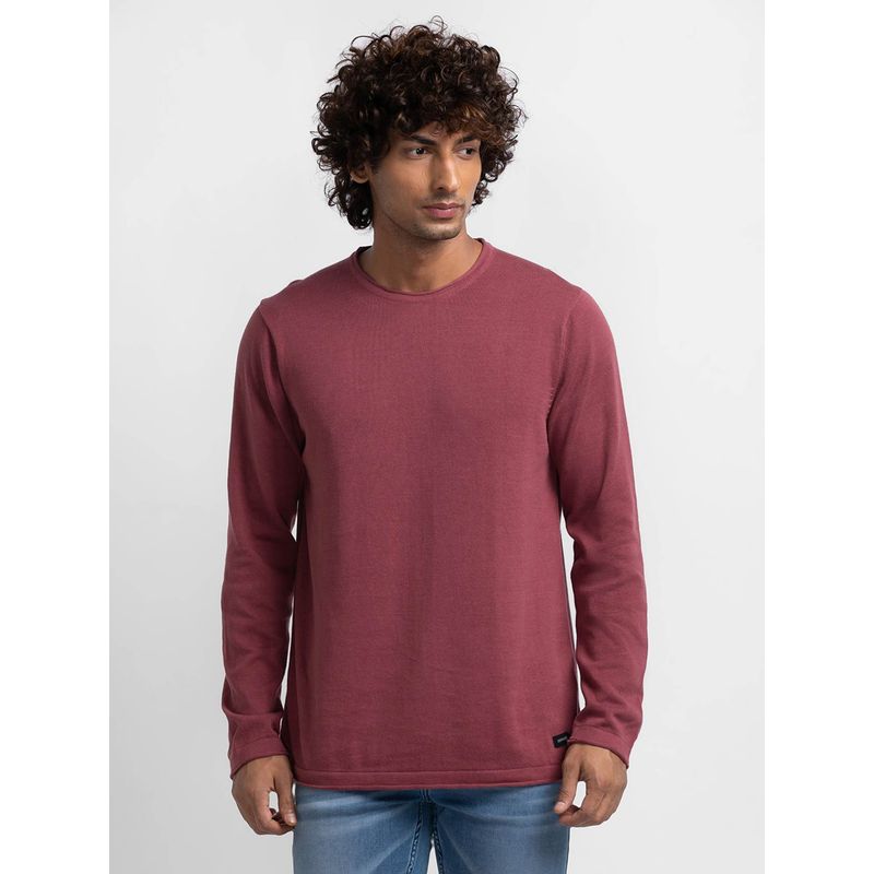 Spykar Mauve Red Cotton Full Sleeve Casual Sweater for Men (2XL)
