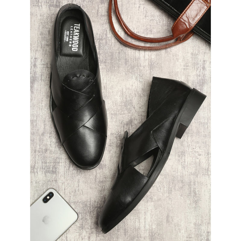 Teakwood Black Solid Genuine Leather Mojaris (Euro 40)