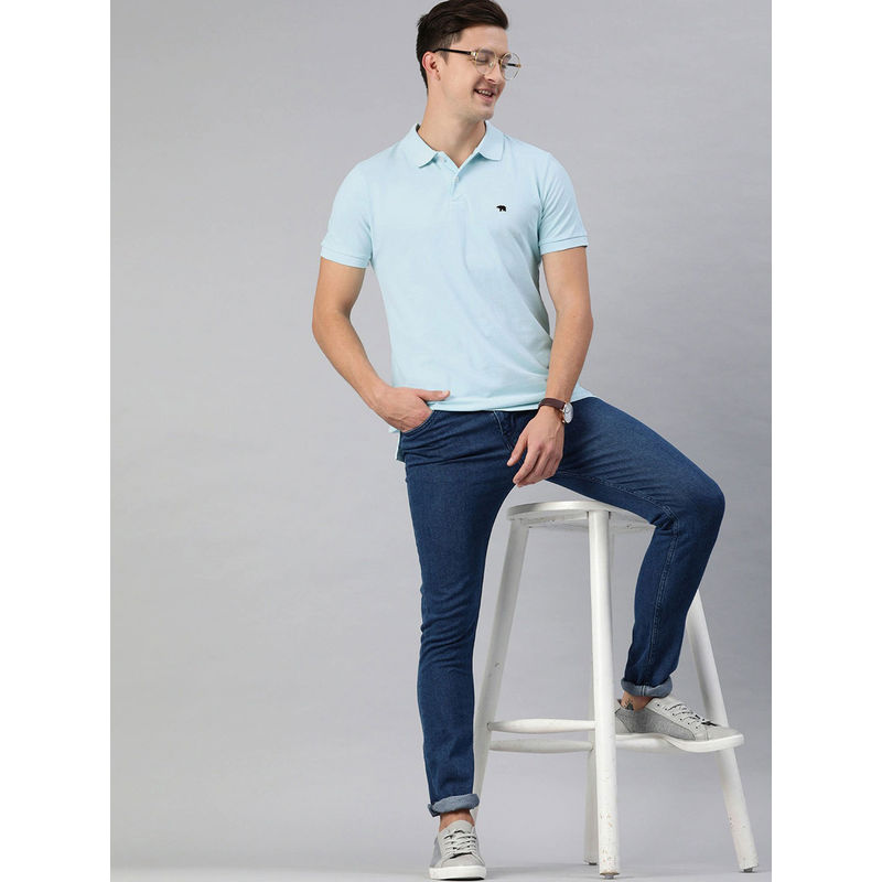 The Bear House Men Solid Blue Polo Collar T-shirt (L)