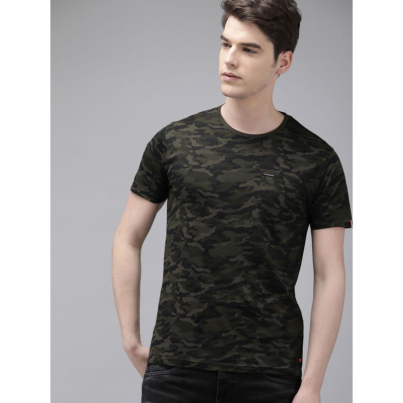 THE BEAR HOUSE Men Olive Green Black Slim Fit Camouflage Printed Round Neck T-shirt (M)