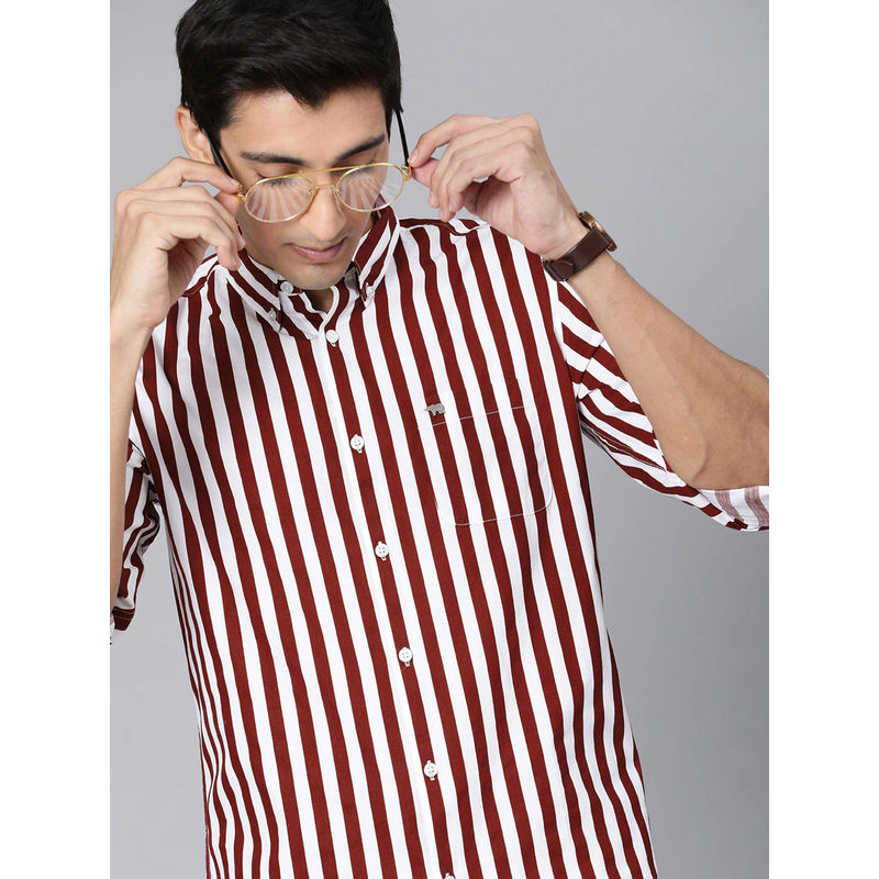 THE BEAR HOUSE Men's Printed Slim Fit Long Sleeves Maroon Shirt (2XL)