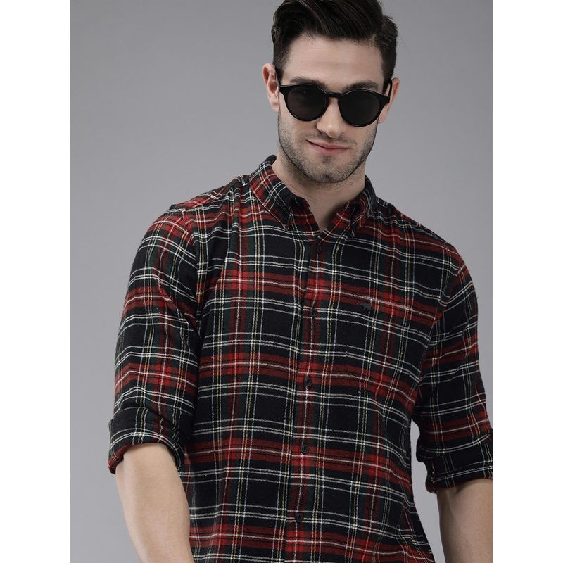 THE BEAR HOUSE Men's Black Checked Flannel Long Sleeves Slim Fit Shirt (L)