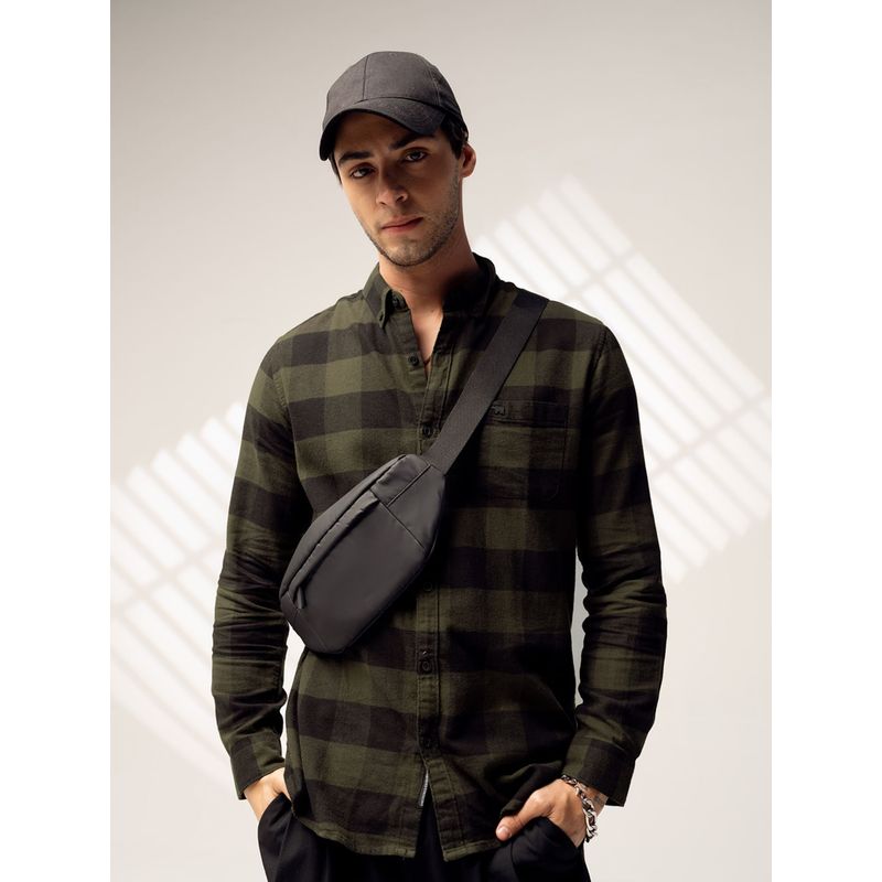 The Bear House Men's Olive Checked Flannel Slim Fit Casual Shirt (S)