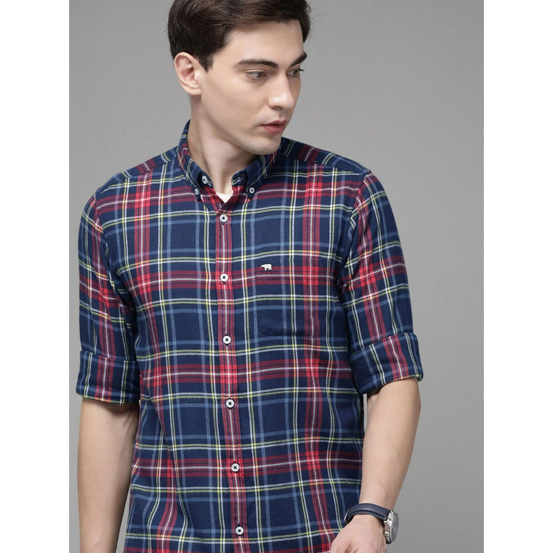 THE BEAR HOUSE Mens Blue Checked Flannel Slim Fit Casual Shirt (L)