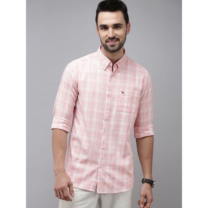 The Bear House Men Pink Slim Fit Tartan Checks Checked Casual Shirt (M)