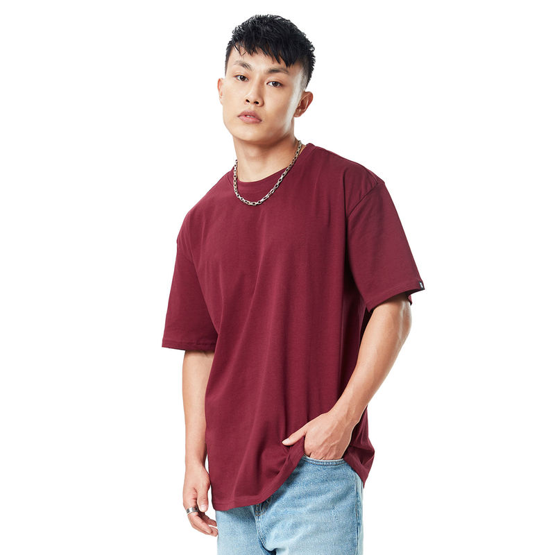 The Souled Store Basic Solids Burgundy Oversized T-Shirts For Men (2XL)