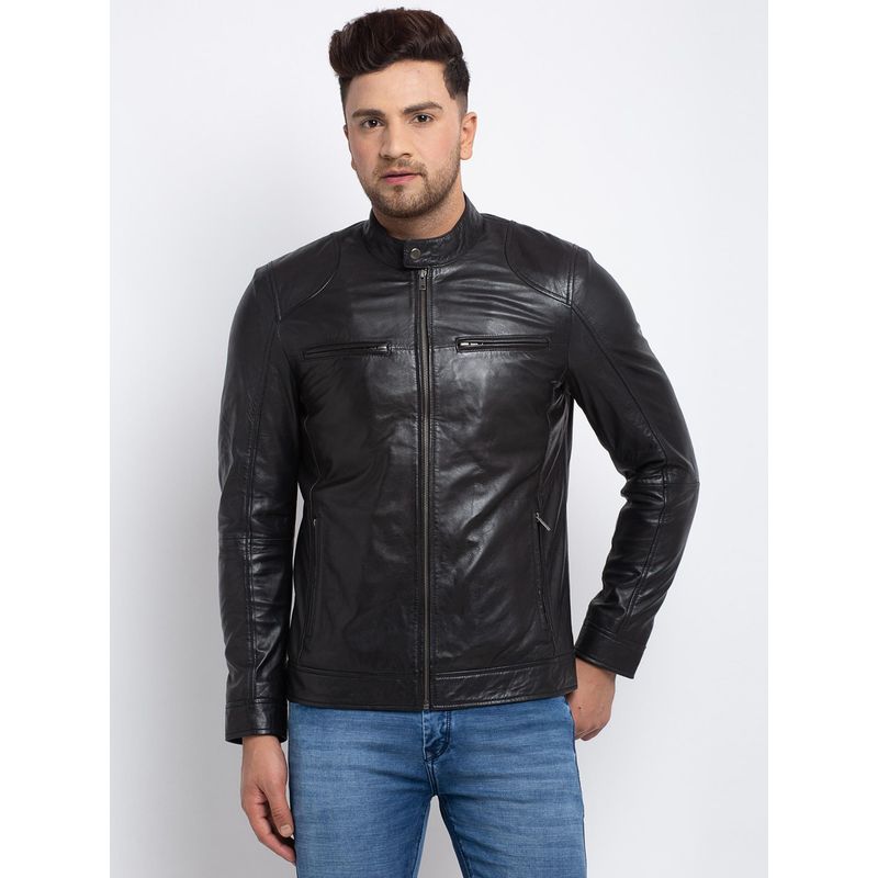 Teakwood Men Black Solid Lightweight Genuine Leather Jacket (2XL)