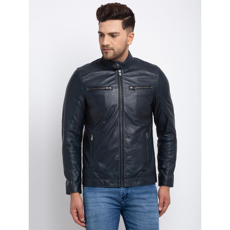 Teakwood Men Navy Blue Solid Lightweight Genuine Leather Jacket (S)