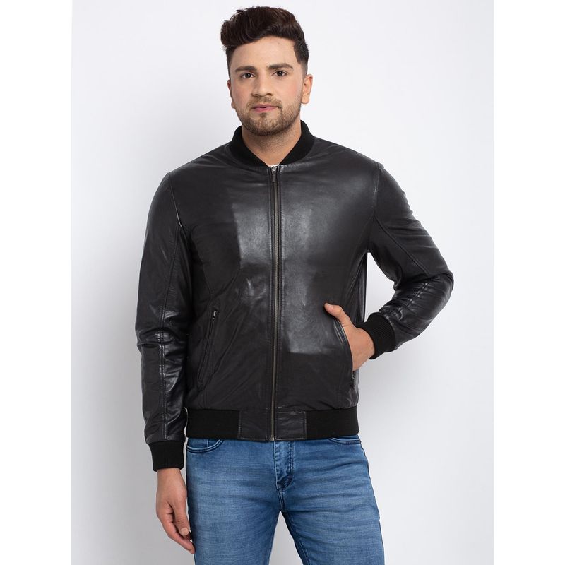 Teakwood Men Black Solid Lightweight Genuine Leather Jacket (L)