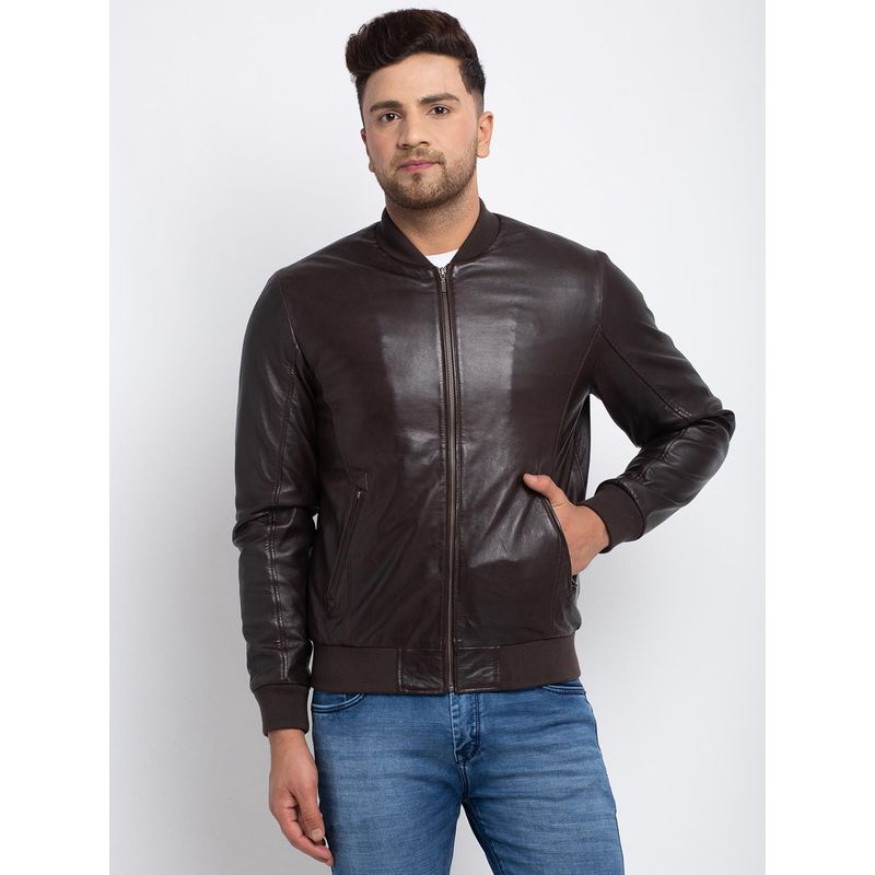 Teakwood Men Brown Solid Lightweight Genuine Leather Jacket (2XL)