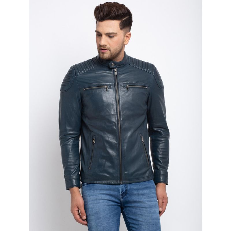 Teakwood Men Blue Solid Lightweight Genuine Leather Jacket (XL)