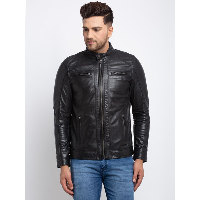 Teakwood Men Black Solid Lightweight Genuine Leather Jacket (M)