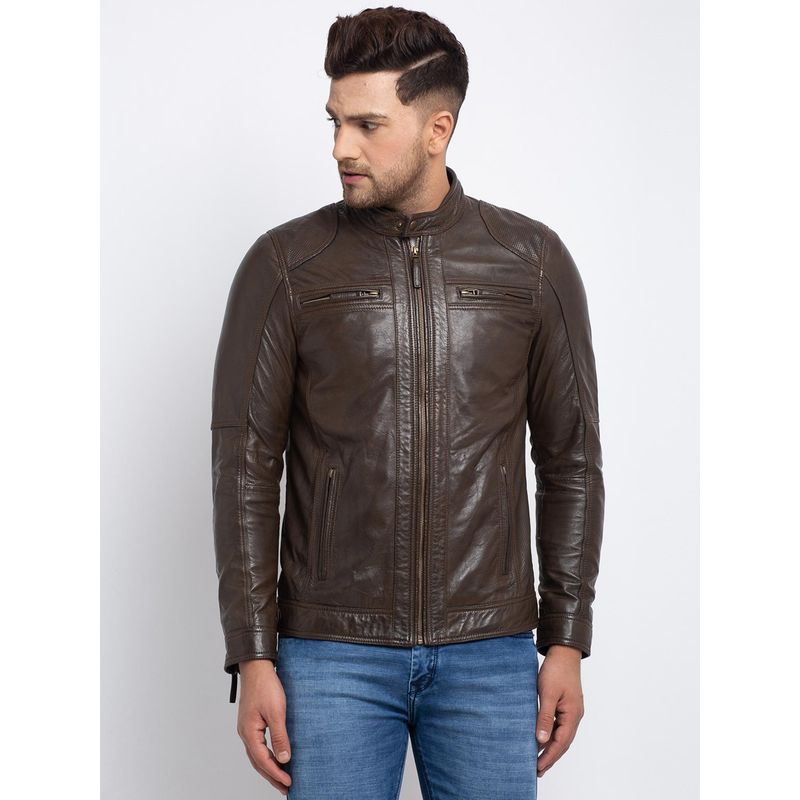 Teakwood Men Brown Solid Lightweight Genuine Leather Jacket (L)