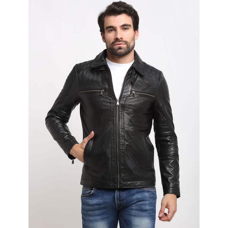 Teakwood Black Plain Genuine Leather Jacket (XL)