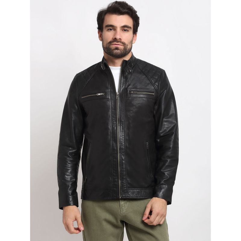 Teakwood Black Solid Genuine Leather Jacket (XL)