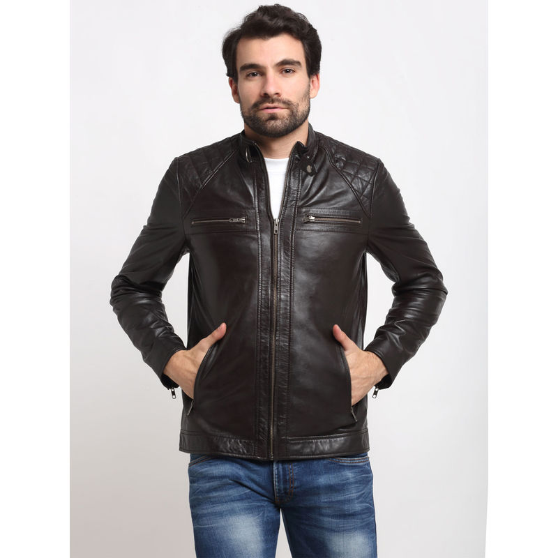 Teakwood Dark Brown Solid Genuine Leather Jacket (S)