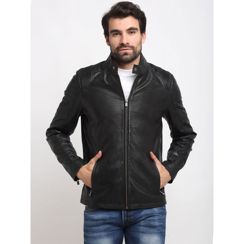 Teakwood Black Solid Genuine Leather Biker Jacket (M)