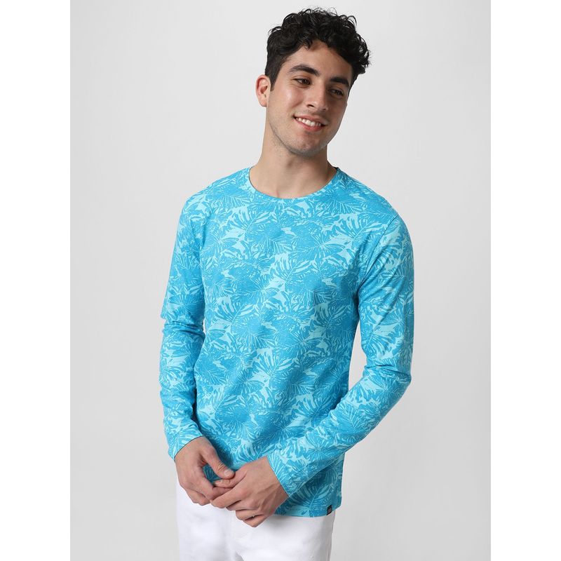 Urbano Fashion Men's Aqua Blue Printed Full Sleeve Slim Fit T-Shirt (L)