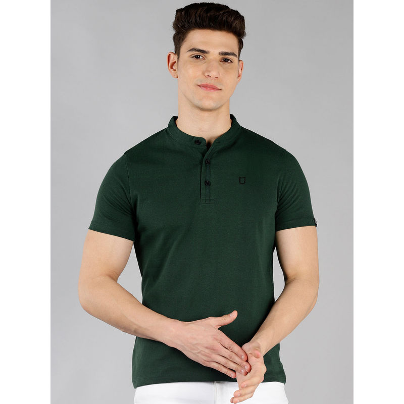 Urbano Fashion Mens Dark Green Solid Mandarin Collar Slim Fit Half Sleeve Cotton T-Shirt (S)