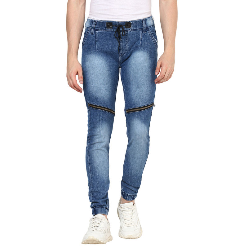 Urbano Fashion Men Light Blue Slim Fit Stretch Zippered Jogger Jeans (32)