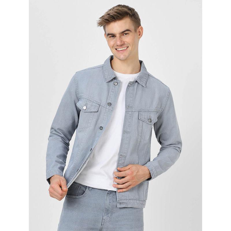 Urbano Fashion Men's Light Grey Regular Fit Washed Full Sleeve Denim Jacket (M)