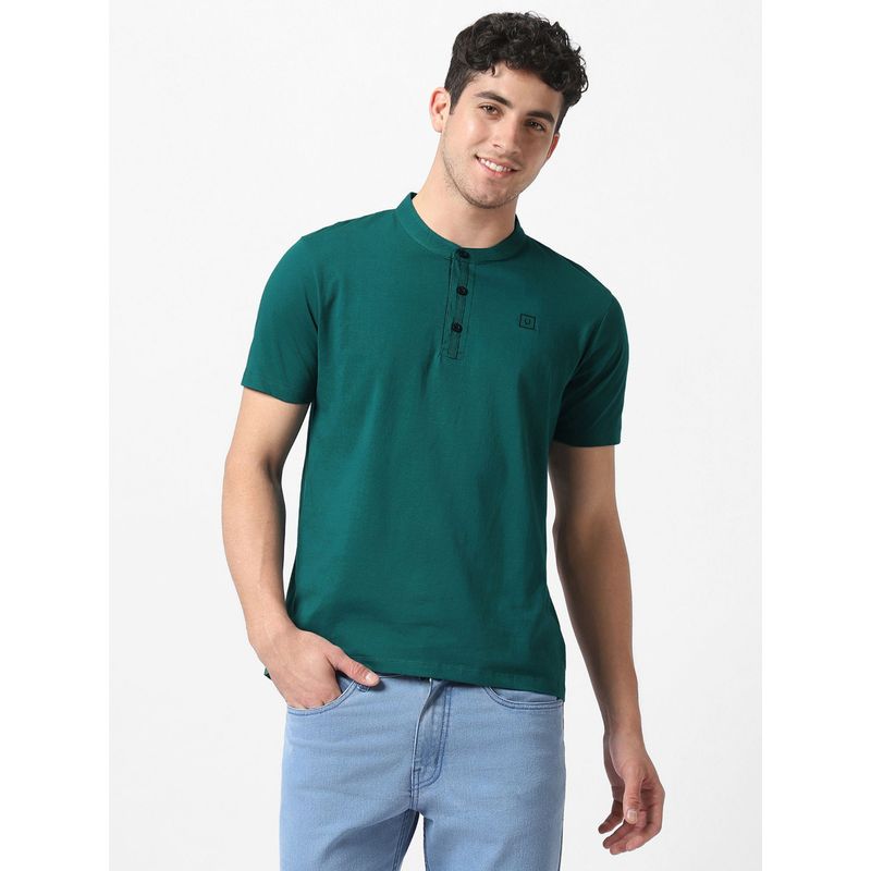 Urbano Fashion Men Dark Green Solid Mandarin Collar Cotton T-Shirt (L)