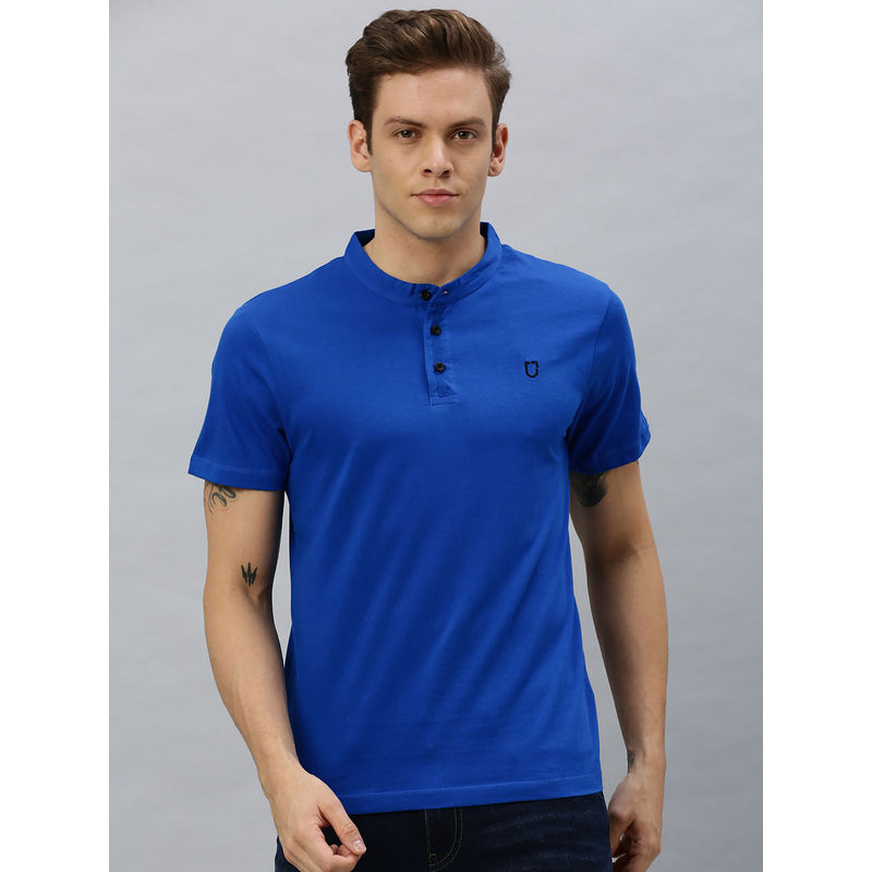 Urbano Fashion Men Royal Blue Solid Mandarin Collar Cotton T-Shirt (L)