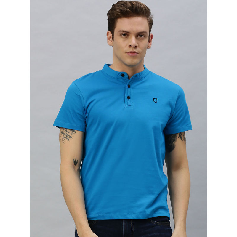 Urbano Fashion Men Sky Blue Solid Mandarin Collar Cotton T-Shirt (L)