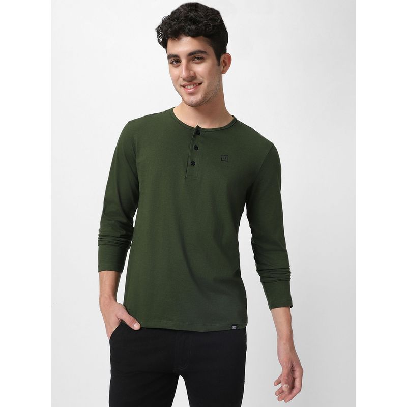 Urbano Fashion Men Olive Solid Henley Neck Cotton T-Shirt (M)