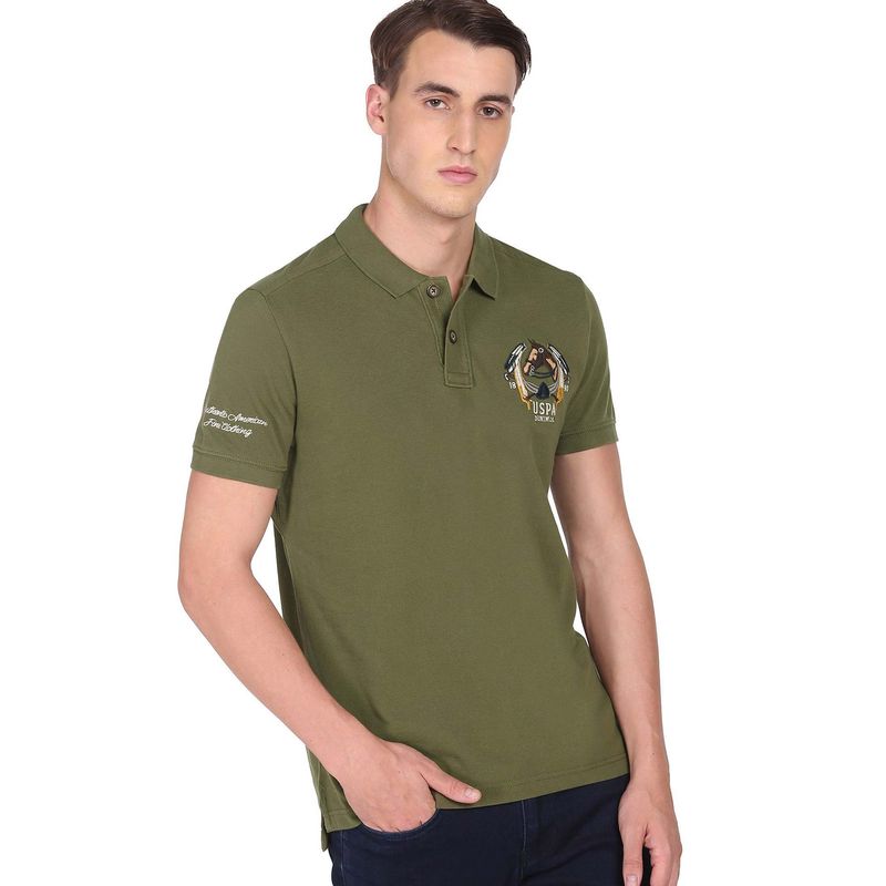 U.S. Polo Assn. Denim Co. Men Olive Ribbed Collar Pique Solid Cotton Polo T-Shirt (M)