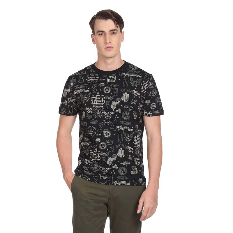 U.S. Polo Assn. Denim Co. Men Black All Over Print Pure Cotton T-Shirt (L)