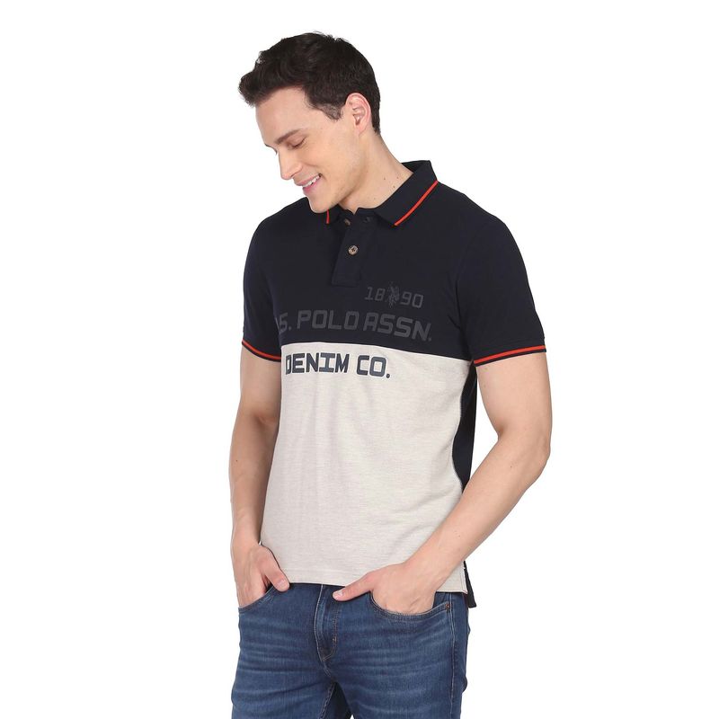 U.S. Polo Assn. Denim Co. Men Navy Blue Blue & Off White Brand Print Cotton Polo T-Shirt (S)