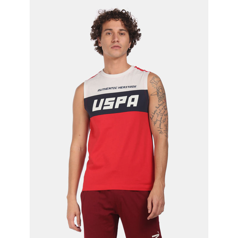 U.S. POLO ASSN. Men Red Crew Neck Colour Block Muscle T-Shirt (S) (S)